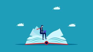 businessman standing on top of a book with clouds in the background vector