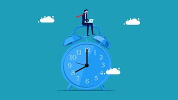 businessman sitting on top of clock with clouds in the background vector