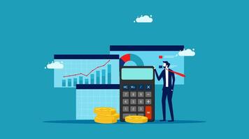 businessman and calculator with money and graphs vector