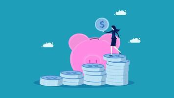 a woman is standing on top of a stack of coins with a piggy bank vector