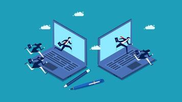 two people running on two laptops, one with a pen and the other with a pencil vector