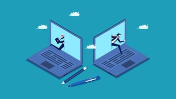 two people running on a laptop computer vector