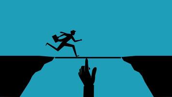 businessman running across the gap between two hands vector