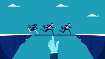 businessman hand pointing to a cliff and business people running across it vector