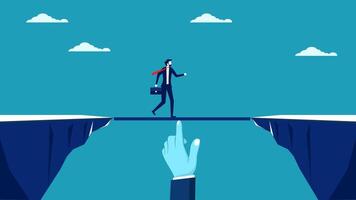 businessman walking across a cliff with hand pointing to the other side vector