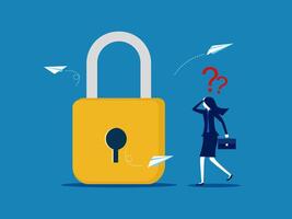 Businesswoman thinking of solving the problem of unlocking the lock. vector
