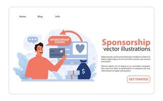 Enthusiastic man introducing sponsorship goods via digital platform. Flat illustration vector