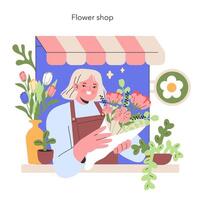 Blossoming Florist Shop A cheerful florist arranges a bouquet with care, surrounded by the vivid colors of fresh blooms in a quaint flower shop illustration vector