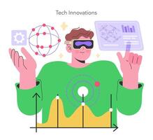 Maker Culture concept Man with VR headset interacts with futuristic technology, symbolizing the cutting-edge of tech innovations and virtual possibilities illustration vector