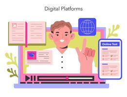 Digital Platforms concept An instructor points to educational icons on a computer screen, representing online testing and global e-learning opportunities illustration vector