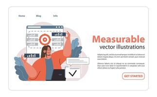 Focused professional emphasizing the Measurable aspect of SMART goals. Flat illustration vector