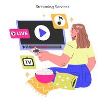 Streaming Services concept Relaxed user curates personal entertainment from live streams to music with a remote in hand Homely digital leisure vibes illustration vector