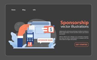 Hand processing a sponsorship transaction with a card terminal. Flat illustration vector