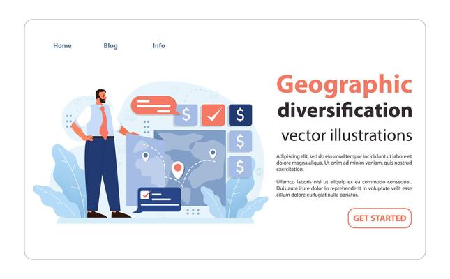 Confident businessman presents geographic diversification strategy. Flat illustration