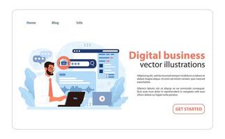 Digital Business concept. Man engages with online analytics and marketing data. vector