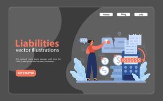 Detail-oriented accountant reviewing liabilities. Woman with a calculator, vector