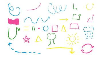Doodles with the texture of wax chalk. Set elements imitating child drawing. Arrow Square Triangle tree sun. Doodles abstract shapes. illustration. vector