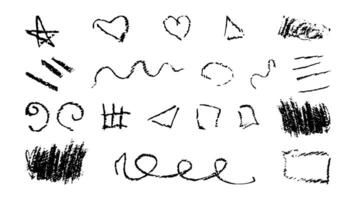 Doodles with the texture of charcoal pencil. Set elements imitating child drawing. Strokes heart star grid. Doodles abstract shapes. illustration. vector