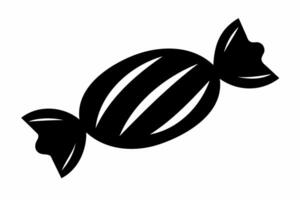 Black silhouette of a candy wrapped in striped packaging. Isolated on white background. Sweet treat icon in a minimalist style. Concept of confectionery, dessert, festive treat. Print, design element. vector