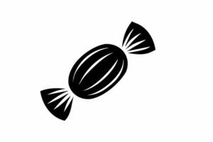 Black silhouette of a candy wrapped in striped packaging. Isolated on white background. Sweets icon in a minimalist style. Concept of confectionery, dessert, festive treat. Print, design element. vector