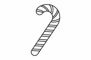 Black outline of candy cane with striped pattern isolated on white background. Traditional festive treat icon in minimalist style. Concept of Christmas, confectionery. Design element, print. vector