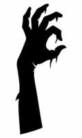 Black silhouette of creepy zombie hand isolated on a white background. Eerie monster hand outline. Concept of horror, Halloween, creepy design. Print, icon, design element. Graphic art vector