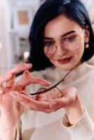 Young Woman Captured in a Beautiful Moment with Her Stick Insect , Medauroidea Extradentata photo