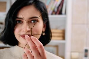 Young Woman Captured in a Beautiful Moment with Her Stick Insect , Medauroidea Extradentata photo