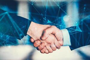 Businessmen making handshake with partner, greeting, dealing, merger and acquisition, business joint venture concept, for business, finance and investment background, teamwork and successful business photo