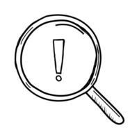 Magnifying glass with exclamation mark hand draw icon isolate on white background. vector
