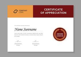 modern red and yellow certificate design template. certificate of appreciation with gold badge vector