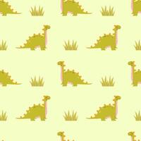 Childrens cute background. Seamless pattern with dinosaurs on a green background vector
