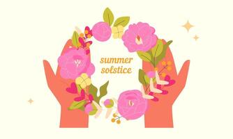 Summer solstice. Wreath of flowers in hands. Longest day of the year. Holiday card vector