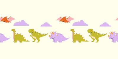 Childrens cute background. Seamless horizontal pattern with dinosaurs on a light background vector