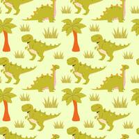 Childrens animals background. Seamless pattern with dinosaurs on a green background vector