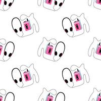 Retro cassette player with wired headphones seamless pattern vector