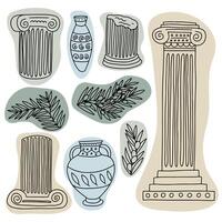 Set of marble ancient columns. set of Greek statues and vases vector