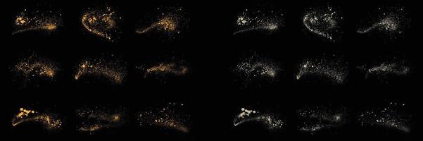 Festive glow effect gold glitter confetti and white color splatter splash texture design set vector
