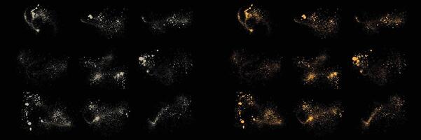Isolated set of white color splatter texture and shiny confetti gold glitter illustration vector