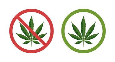 Hemp Leaf in Green Round Sign and Red Prohibition Sign. Stop and Legalize Marijuana Concepts. Illustration vector