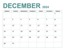 DECEMBER Calendar year 2024 with monday start vector
