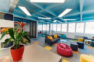 Photo of a modern office where programming, digital marketing and web design projects are done. Office with modern furniture and glass office