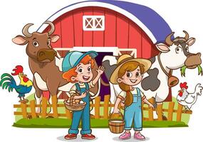 illustration of happy farmer kids with farm animals on the farm. vector