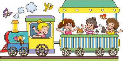 illustration cartoon of happy kids with the train.Funny Children Riding On The Train vector