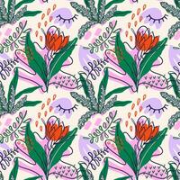 Abstract seamless pattern with tropical rainforest plants. Naive art hand drawn textures, leaves and flowers. Bright modern background for paper, textile, social media design. vector