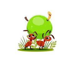 Cartoon ants carry a green apple with smiling worm vector