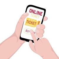 Human hands holding mobile phone with ticket on screen. Buying tickets online using a mobile app vector