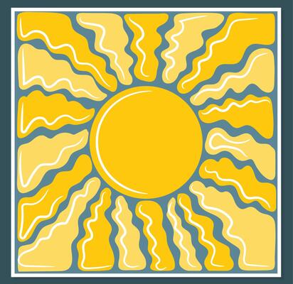 Square groovy retro abstract sun background. Organic doodle shapes in trendy naive hippie 60s 70s style. Contemporary poster print template.