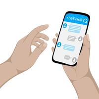 Human hand holding smartphone with live chat on screen. Support service. Assistance and help with mobile phone app vector