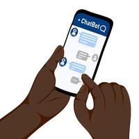 Human hand holding mobile phone with Chatbot on screen. Using chatbot vector